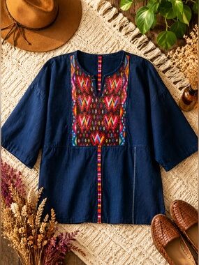 Vintage OOAK Guatemalan Mayan Huipal Tunic w/ Embroidered Front Panel Statement